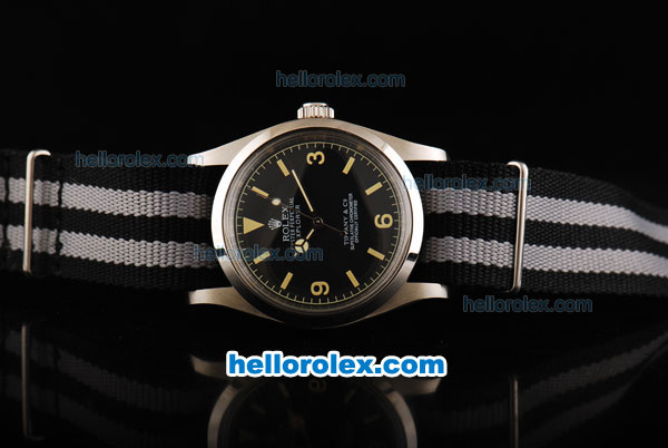 Rolex Explorer Automatic Movement Steel Case with Black Dial-Yellow Markers and Two Tone Nylon Strap - Click Image to Close